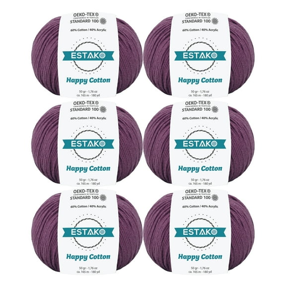 Estako Happy Cotton, (6 Skeins Pack) 60% Cotton 40% Acrylic Yarn, Soft, Fine/Sport (2) for Crochet and Knitting (6 x 1.76 Oz) / (6 x 180 Yrds) (4620 - Plum)