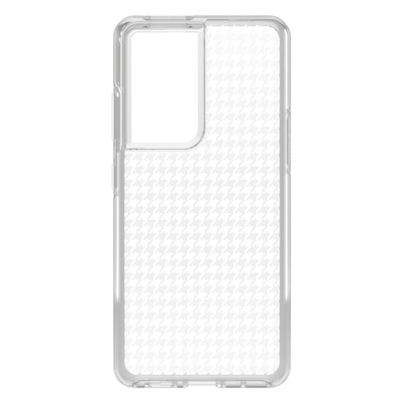 DistinctInk Clear Shockproof Hybrid Case for Galaxy S21 ULTRA 5G (6.8" Screen) - TPU Bumper, Acrylic Back, Tempered Glass Screen Protector - White Houndstooth