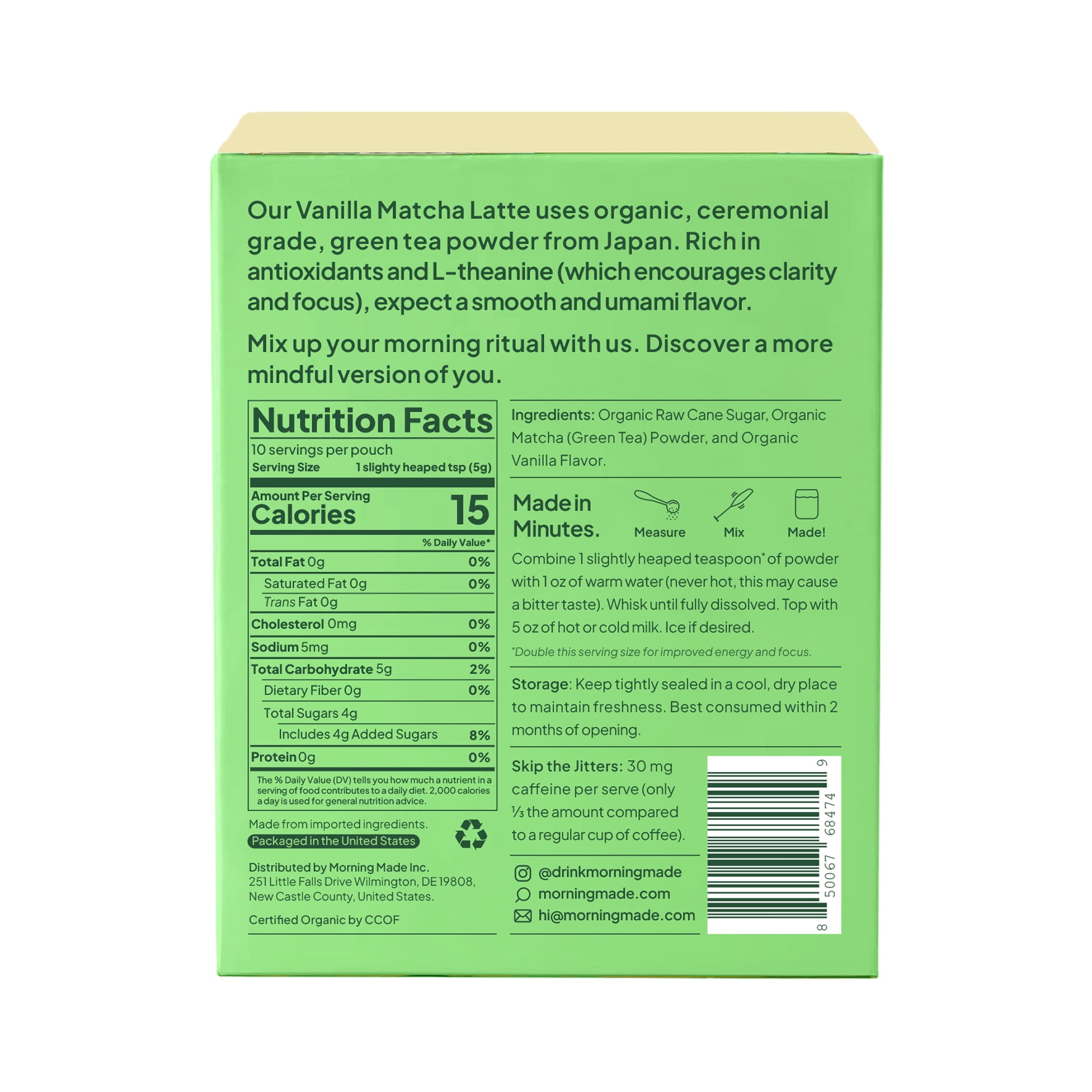 Morning Made Ceremonial Grade Organic Matcha Latte Powder, Vanilla, 10 Servings