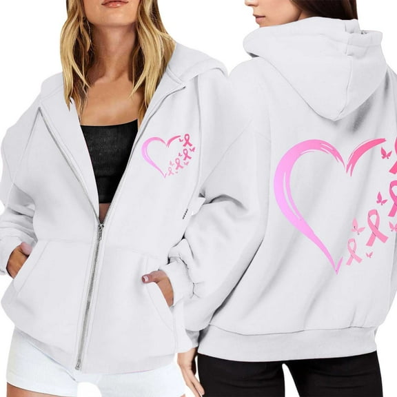 Women's Hoodies Pullover Vintage Streetwear Festival Graphic Zip Up Hoodie With Pockets Cancer Awareness Soft Comfortable Long Sleeve Casual Athletic Sweatshirt For Running Yoga Outdoor