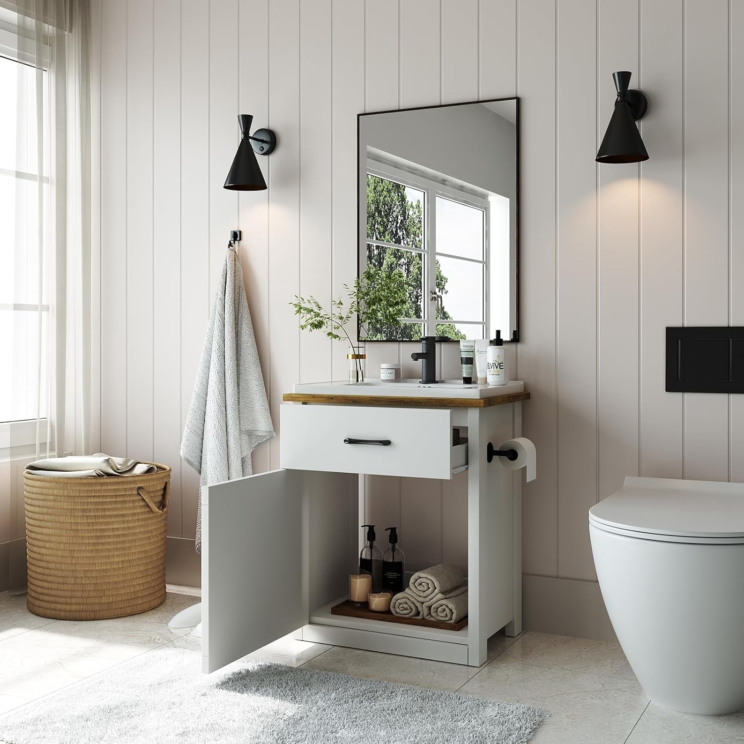 DreamCurship Farmhouse Bathroom Vanity with Sink, Freestanding Sliding Barn Door Drawer, Ceramic Sink, 24 Inch, White