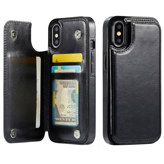 For iPhone XR Wallet Case with Card Holder, PU Faux Leather Kickstand Card Slots Case, Double Magnetic Clasp and Durable Shockproof Cover