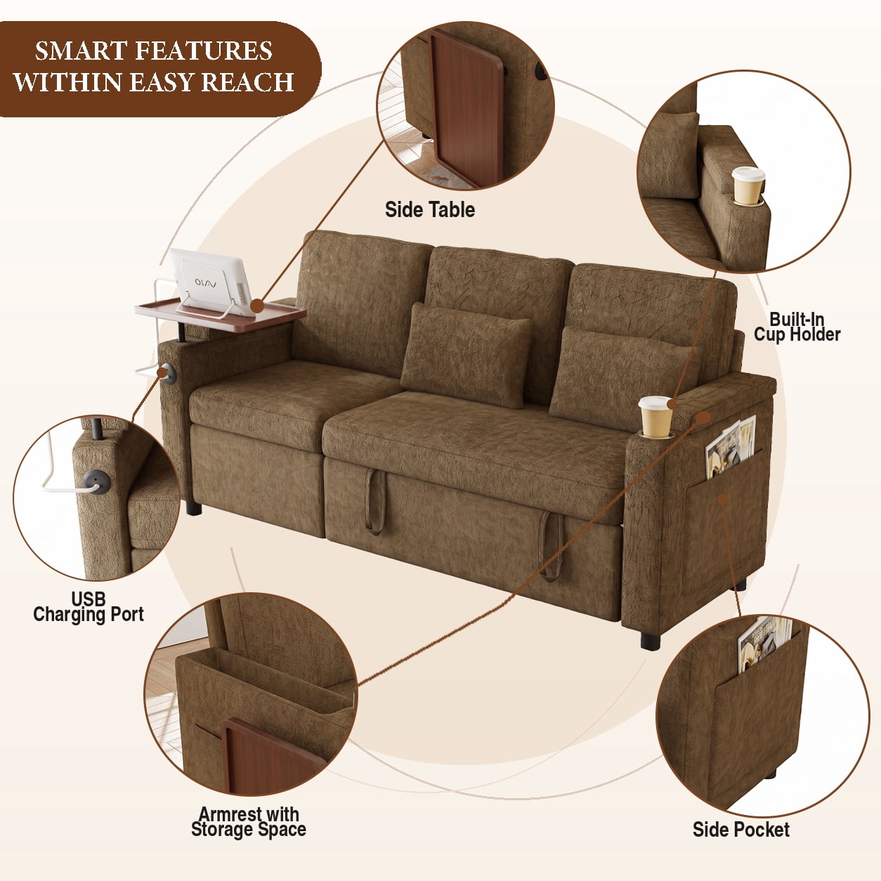TiramisuBest 81" 3-in-1 Convertible Sleeper Sofa Bed with Power Recliner,Chenille Sofa Couch with Tray Table & USB for Living Room,Khaki