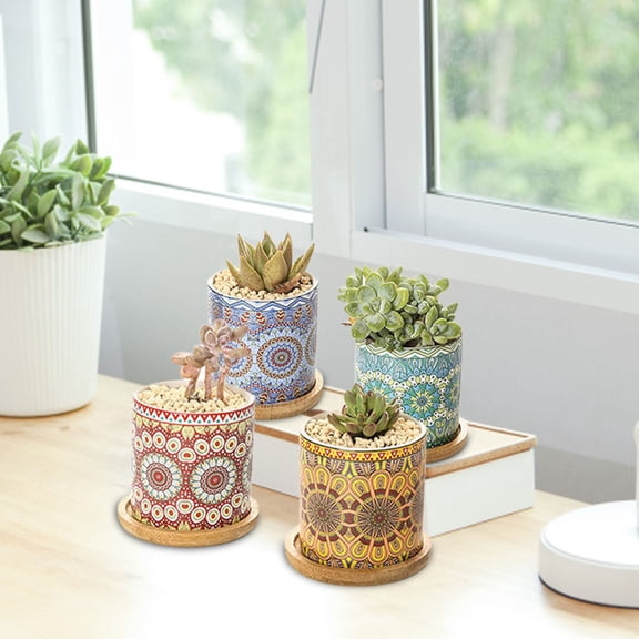 4 Sets Boho Pots Succulent Pot Modern Sun Ceramic Flower Planter Pot with Bamboo Tray for Indoor Plants, Aloe, Cactus, Home Office Decor(B)