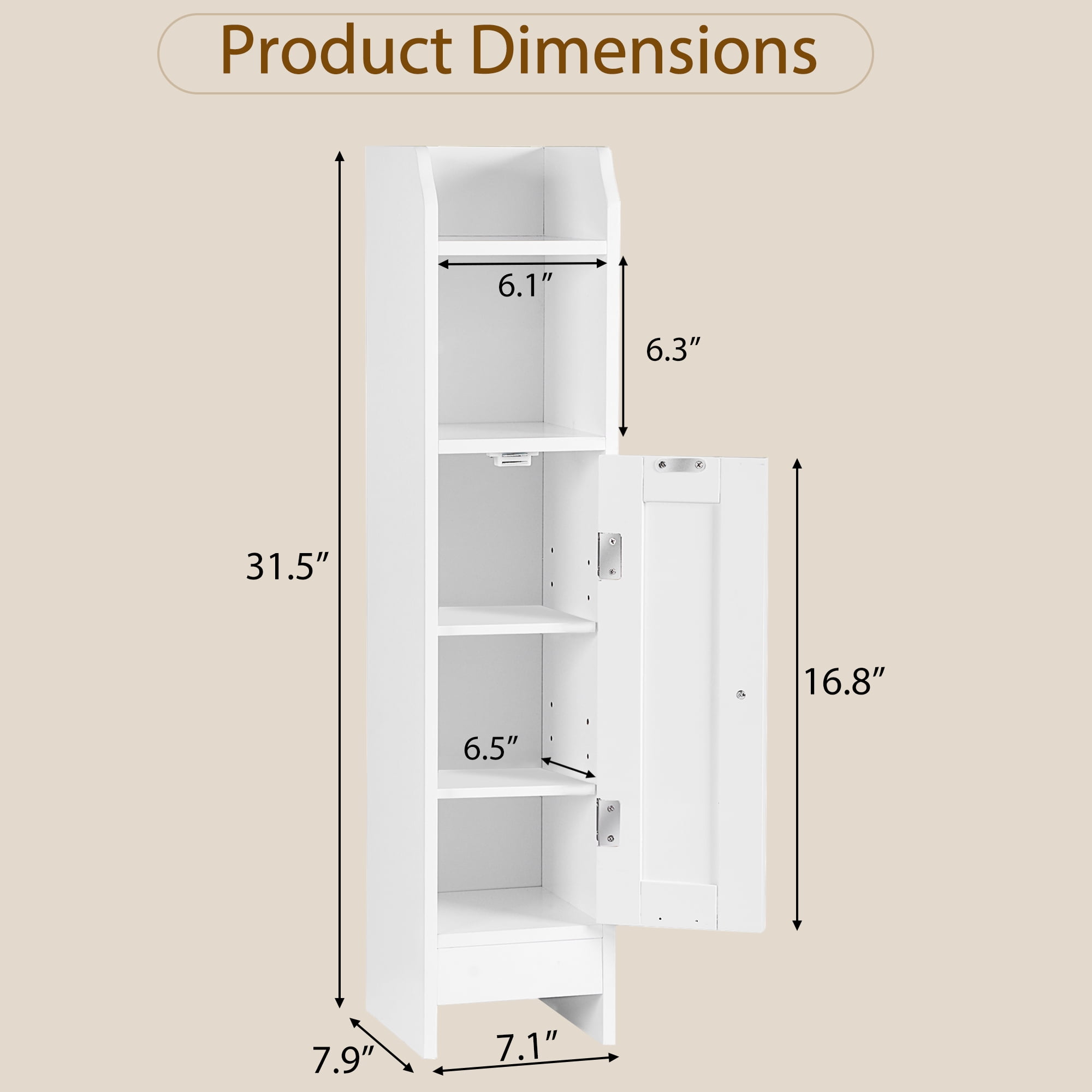 HomGarden 5-Shelf Narrow Corner Bathroom Cabinet Small Storage Organizer W/Adjustable Shelves for Bathroom, Living Room, Small Spaces, White