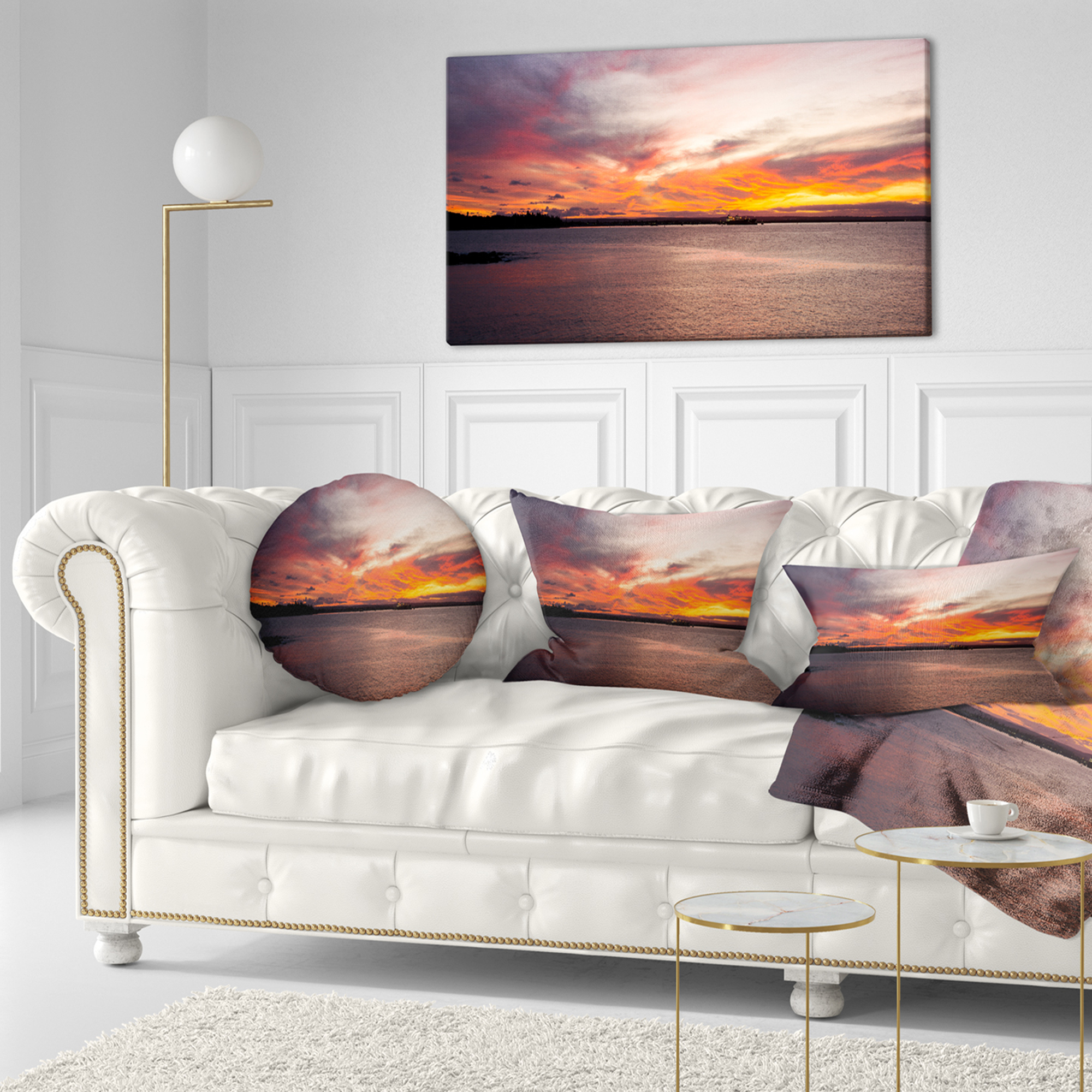 Designart Yellow Sky Over Calm Sydney Coast - Seashore Throw Pillow - 12x20