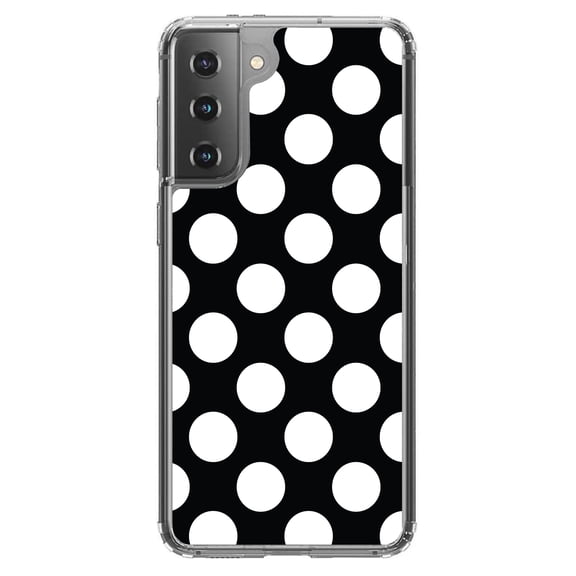 DistinctInk Clear Shockproof Hybrid Case for Galaxy S21 5G (6.2" Screen) - TPU Bumper, Acrylic Back, Tempered Glass Screen Protector - White & Black Polka Dots
