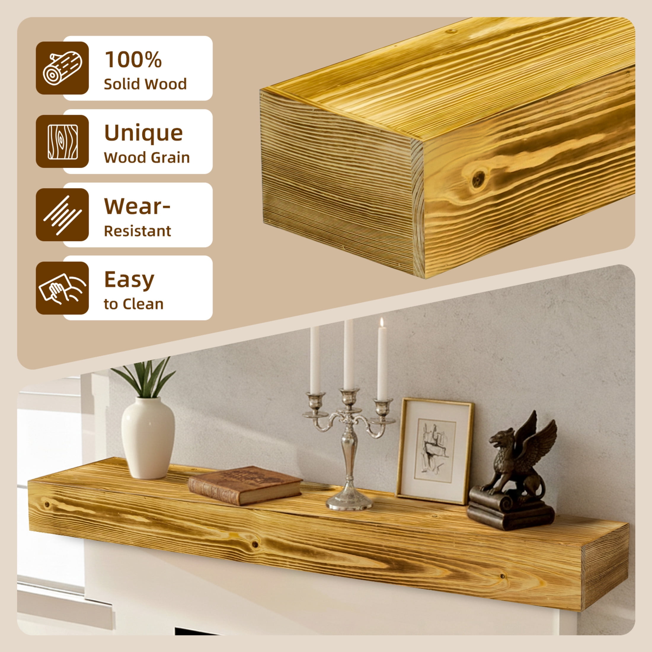 Noble House 60" Fireplace Mantel, Rustic Floating Wood Shelf with Invisible Brackets for Living Room, Brown