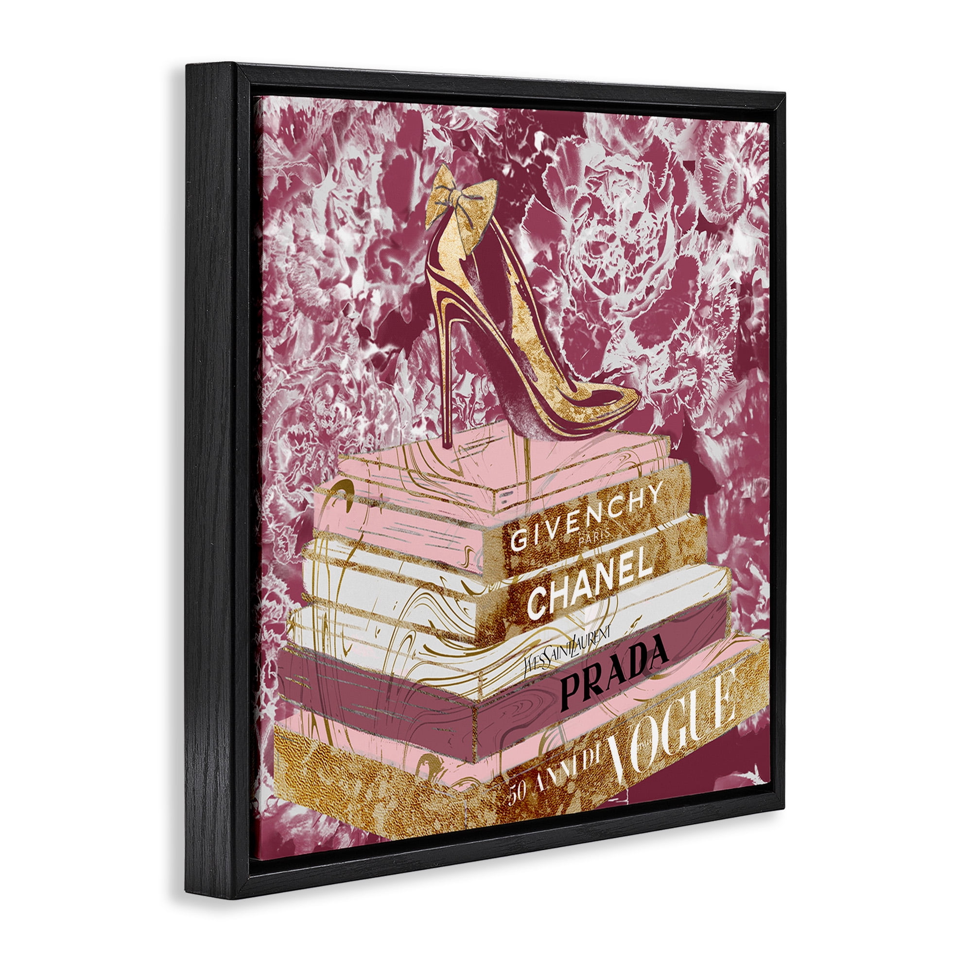 Stupell Industries Pink Glitz Heel on Bookstack Beauty & Fashion Painting Black Floater Framed Canvas Art Print Wall Art, 25 x 25