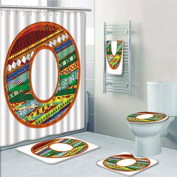 EREHome Letter O The Letter O with Winter Inspired Abstract Geometric Vibrant Color Palette 5 Piece Bathroom Set Shower Curtain Bath Towel Bath Rug Contour Mat and Toilet Lid Cover