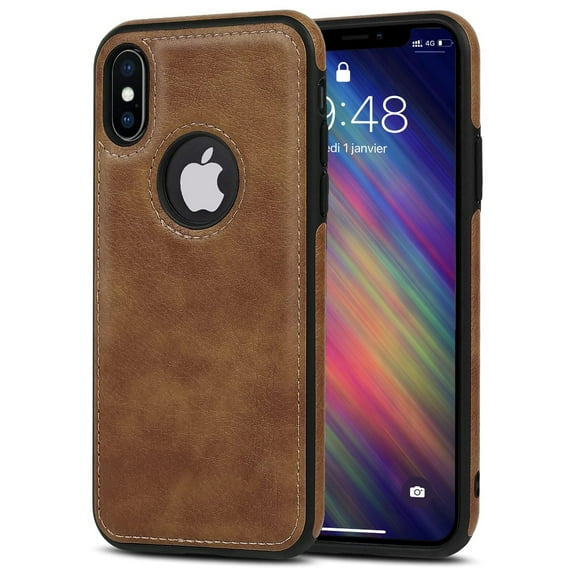 AIOVETEAB Compatible with iPhone X & iPhone XS Case Premium Leather TPU Hybrid Case Cover,Brown