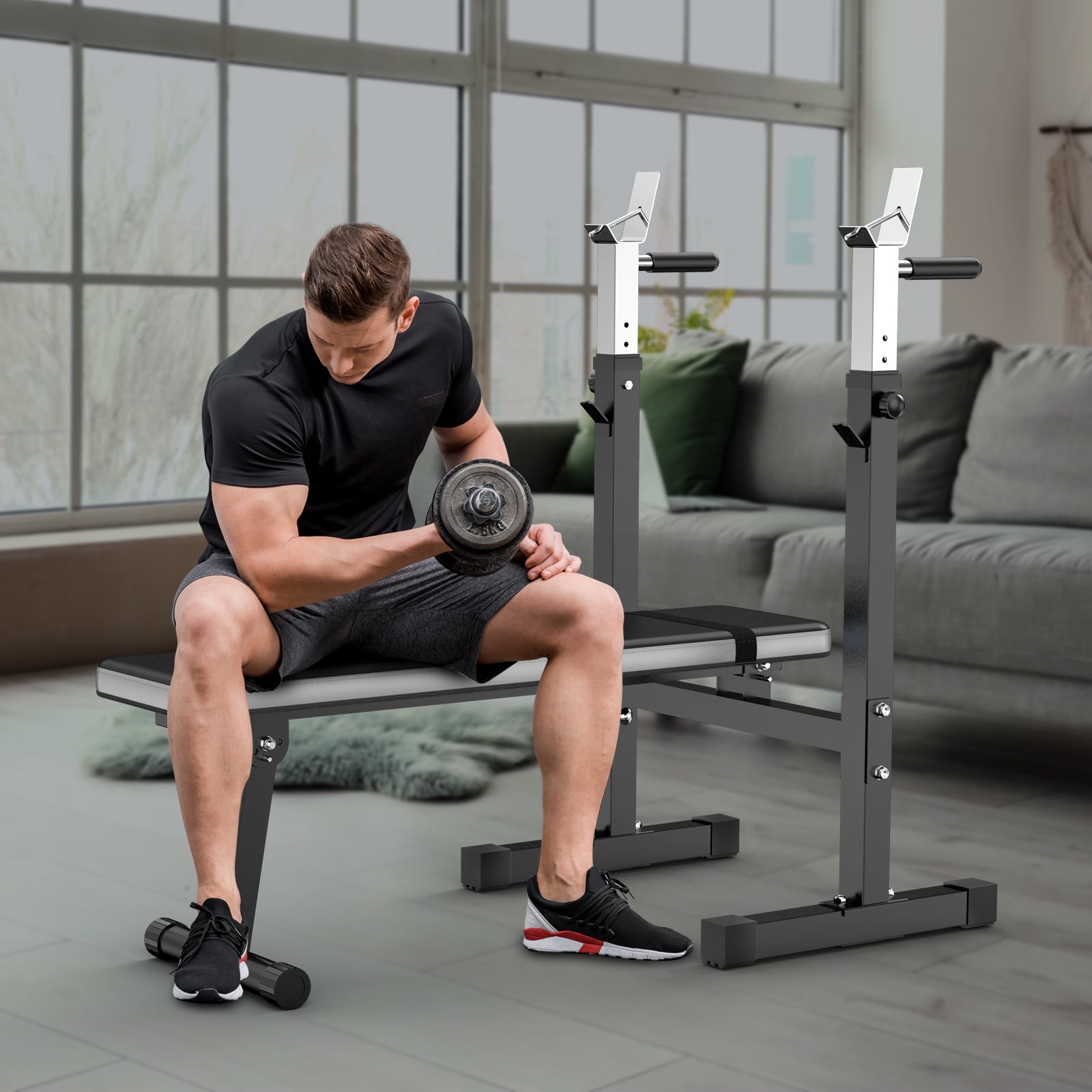 Lmdex Adjustable Weight Bench Press with Squat Rack & Folding Dip Station, Complete Home Gym Set with 150lbs Weight Plates and Olympic Curl Bar for Full Body Strength Training (Grey）