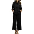 thumbnail image 3 of Laqbezok Women's Cotton Linen 2-Piece Set, Casual 3/4 Sleeve Button Down Shirt and Wide Leg Pants Outfit, Loose Fit Solid Color Summer Lounge Tracksuit with Pockets, 3 of 6