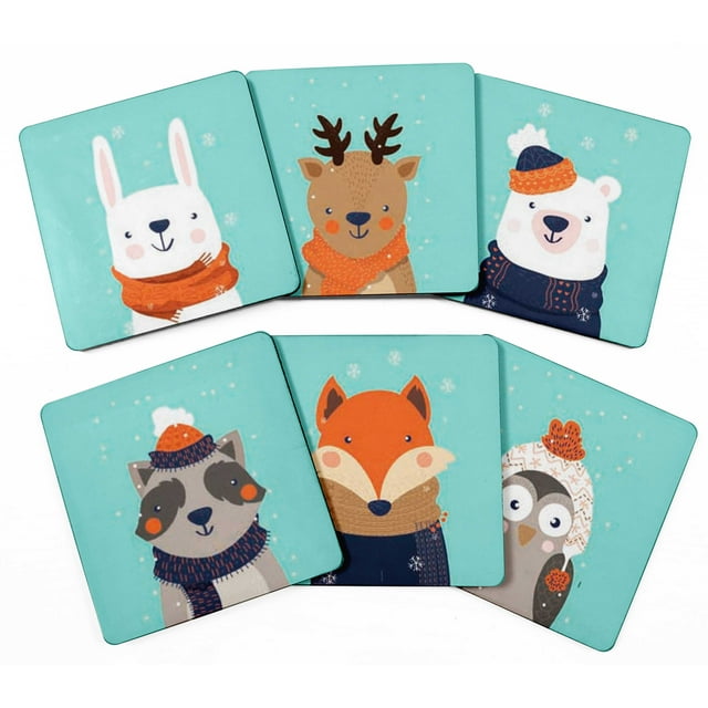 Inkdotpot Set of 6 Drink Coasters DecorativeNon,SlipCork Base4-inch Square PrintedCoastersEasy Clean- Winter Animals