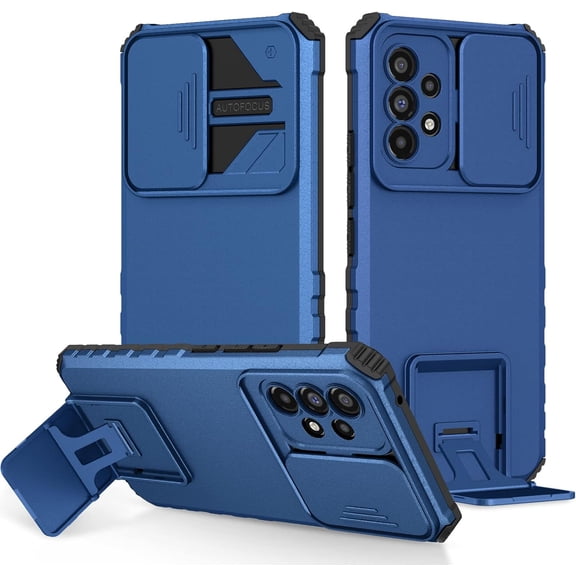 for Samsung Galaxy A53 5G Case with Slide Camera Cover, ArmourSilicone TPU Bumper Tough PC Cover with Kickstand, Military Shockproof Absorption Protective Phone Case for Samsung A53 5G Blue