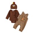 thumbnail image 2 of Cjfdfy Newborn Baby Boy Girl Thanksgiving Turkey Fall Outfit My First Thanksgiving Fall Winter Outfit Long Sleeve Ribbed Romper Turkey Embroidery Plaid Overalls Hat 3Pcs Set Little Turkey Clothes, 2 of 10