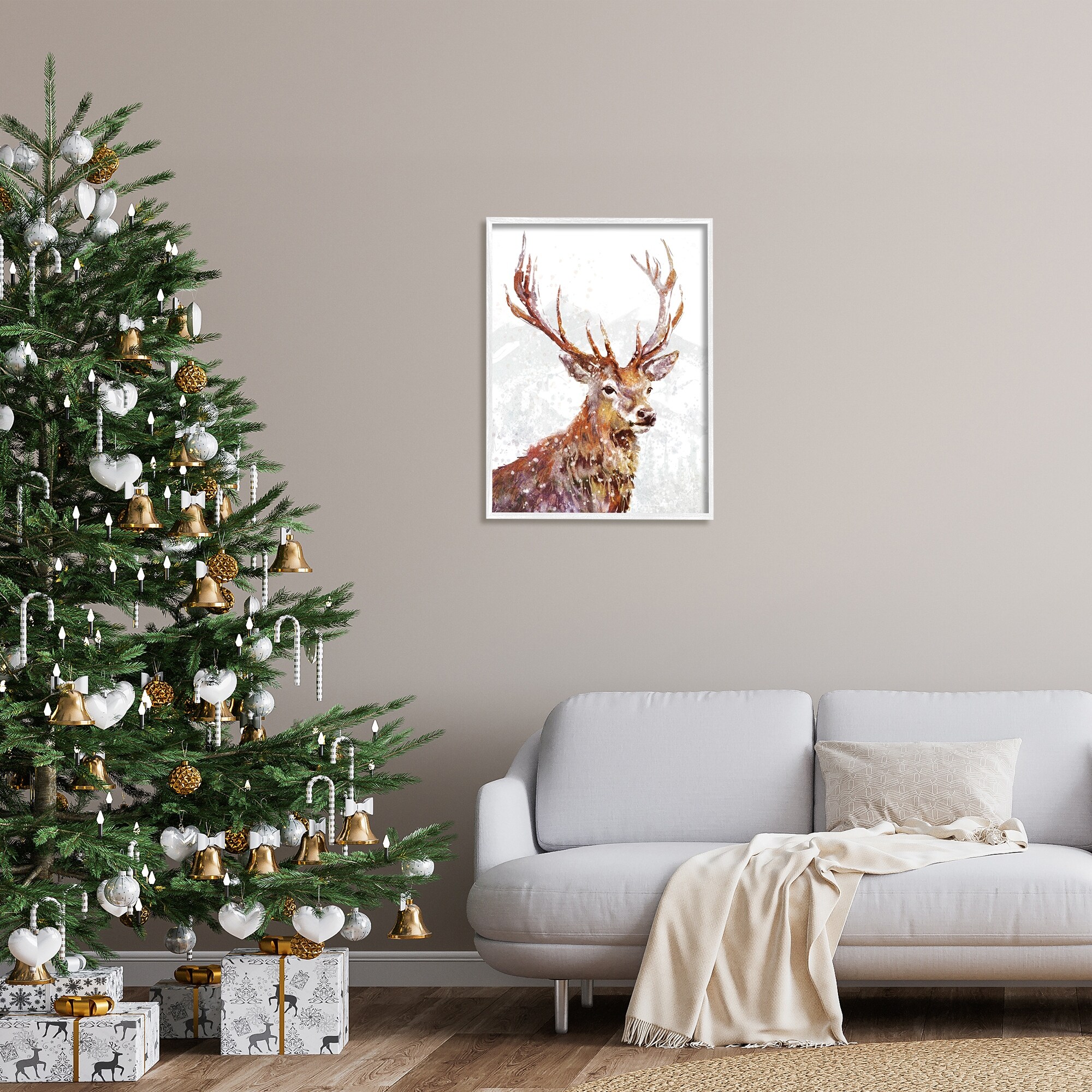 Stupell Industries Winter Deer Mountain Snowfall Holiday Painting White Framed Art Print Wall Art