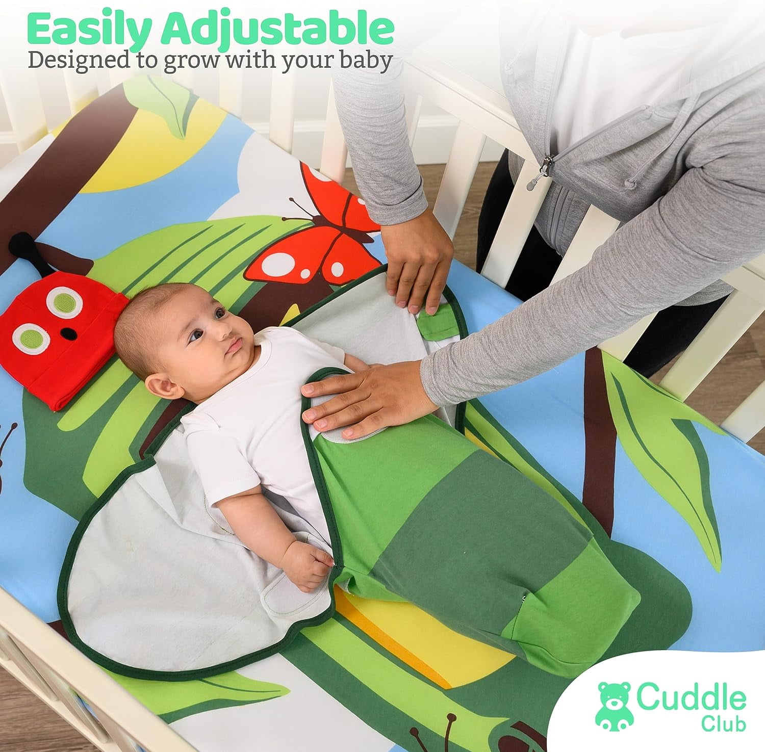 Cuddle Club Baby Wrap Swaddle Blanket Sleep Sack Bundle with Novelty Beanie Hat, Caterpillar Small