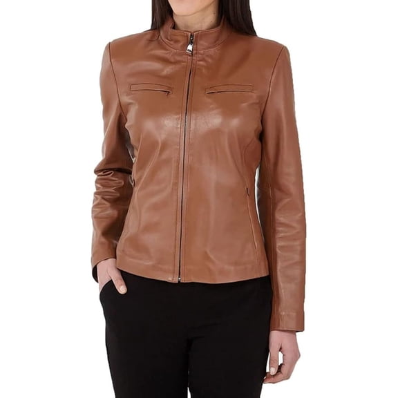 New Women's Leather Motorcycle Biker Jacket 100% Genuine Soft Lambskin Brown W131