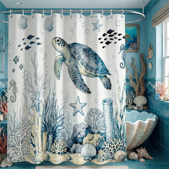 Annvchi Coastal Turtle Shower Curtain, Coral Starfish Seashell Ocean Themed Bathroom Curtain, Underwater Seahorse Bathroom Decor Blue 72 x 72 inch