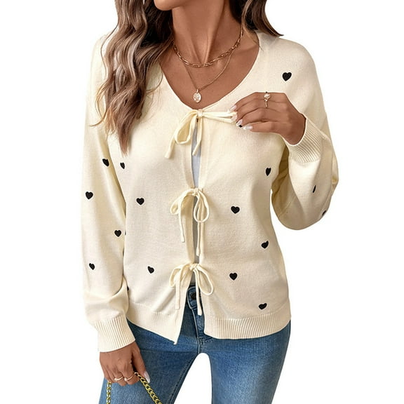 Women Heart Pattern Tie Front Cardigan Sweater Long Sleeve Knit Outerwear Apricot M
