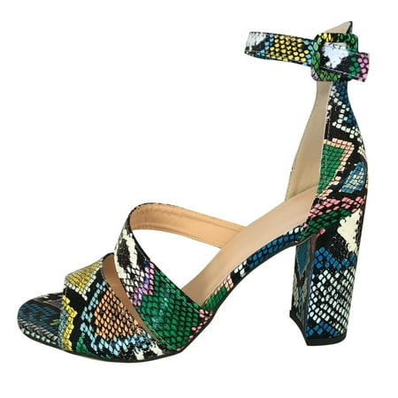

TOYFUNNY Womens Open Toe Square Toe Chunky Heel Snake Print Sandals High Heels