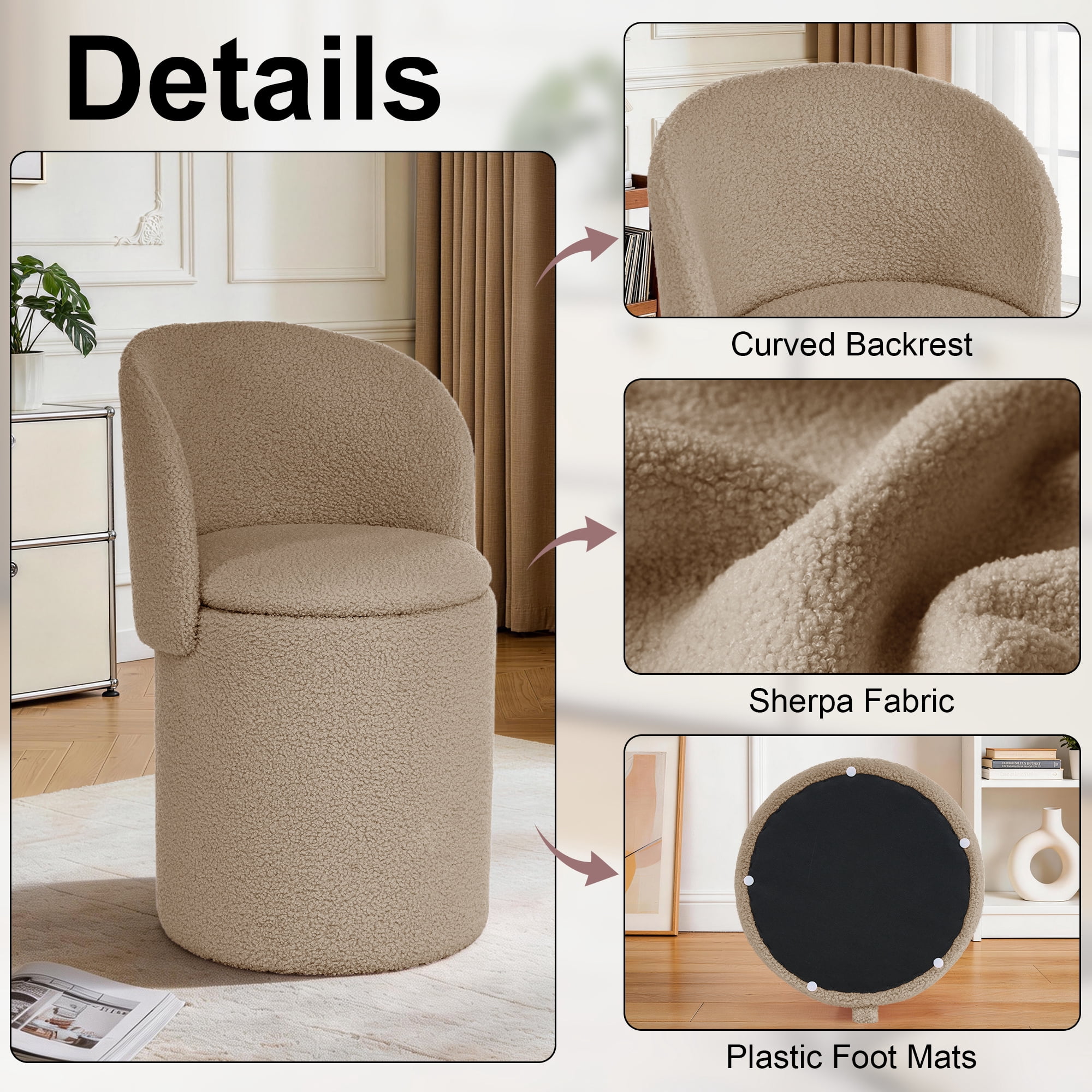 GEEYOO Modern Round Vanity Storage Stool,Sherpa Upholstered Ottoman with Foldable Backrest and Removable Lid,Comfy Makeup Stool for Bedroom Living Room,Khaki