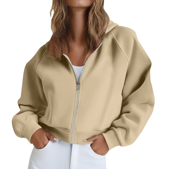 Htigea Womens Cropped Hoodies Y2k Jackets Casual Loose Hooded Sweatshirts Thin Fleece Long Sleeve Coats with Pockets Beige S