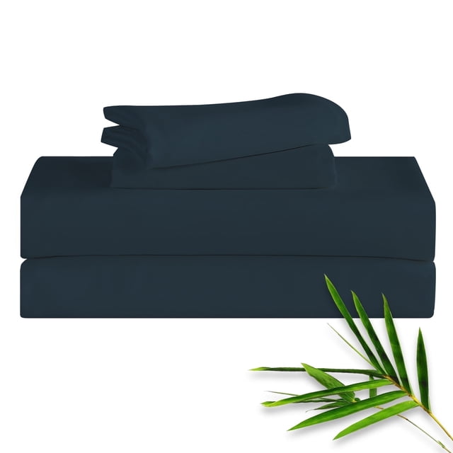 Refurbished Hitime Bamboo King Sheet Set, 4-Piece, Deep Pocket 16-Inch, Dark Blue, Breathable Soft Rayon