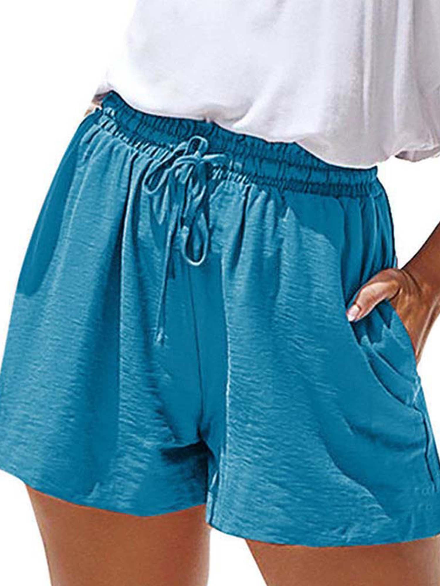 Womens Casual Shorts Plain Elastic Waist Drawstring Pockets Beach ...