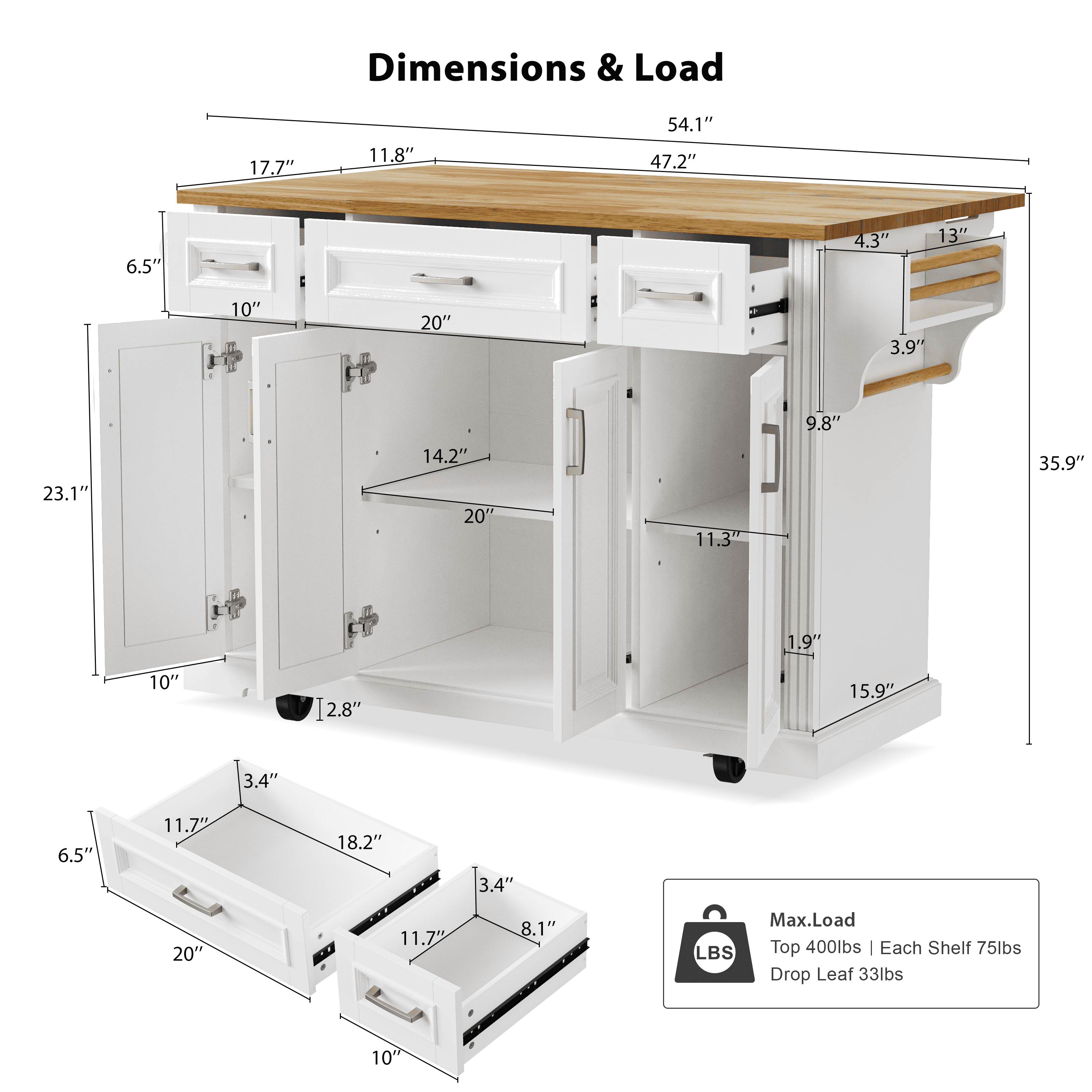 DTTRA 54" Large Kitchen Island with Rubber Wood Drop Leaf, Rolling Kitchen Cart on Wheels with 4 Doors, 3 Drawers & Adjustable Shelves, Rustic Embossed Texture Storage Cabinet for Kitchen,Dining Room