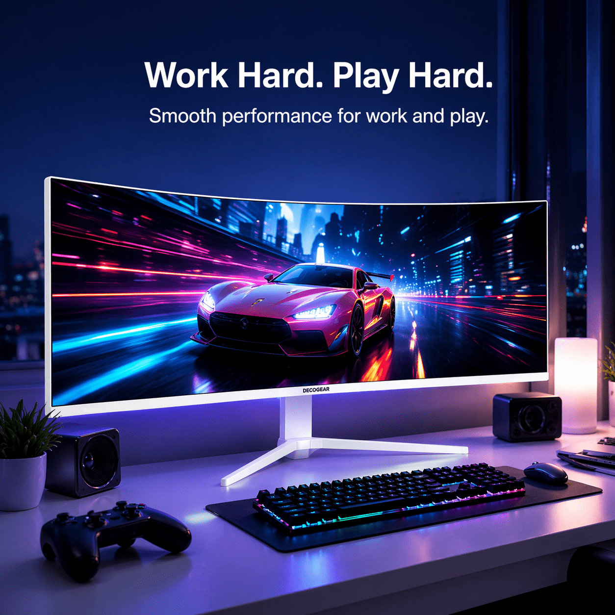 Deco Gear 49" White Curved Ultrawide Monitor, 5120×1440, 120Hz, 1ms MPRT, 32:9, HDR, Adaptive Sync, USB-C, HDMI, DisplayPort, Built-in Speakers, PIP/PBP, White Design