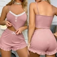 thumbnail image 5 of Tnhcen Women's Solid Color Sleepwear Set V-Neck Lace Trim Tank + Bow Ruffle Shorts Pajama Set Soft Polyester-Spandex Homewear for S to XL, 5 of 5