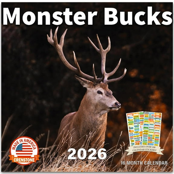 Monster Bucks Calendar 2026 - White-Tailed Deer Wall Calendar | 12" x 24" Open | 100  Stickers | Animal Hunting Gifts, Office Supplies | Made In The USA