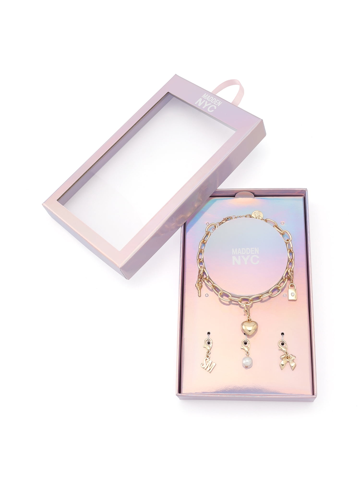 Madden NYC Women's Fashion Gold-Tone Lock Key Bracelet & 3-Piece Charm Giftable Boxed Jewelry Set