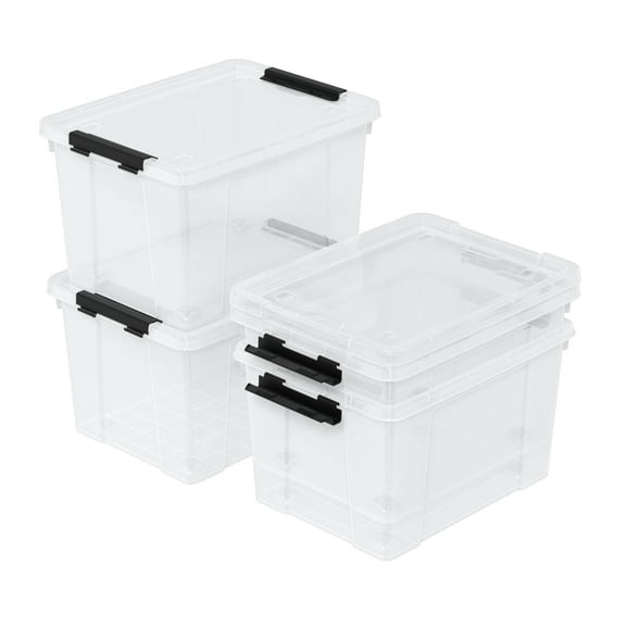 Vareone 4 Pack 23 L Plastic Latching Storage Box with Wheels, Stackable Container Bin with Lids, Clear