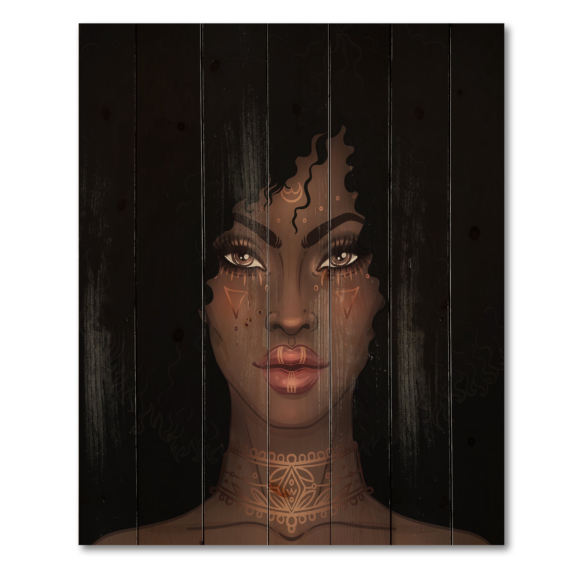 Designart 'Portrait of Afro American Woman II' Modern Print on Natural Pine Wood