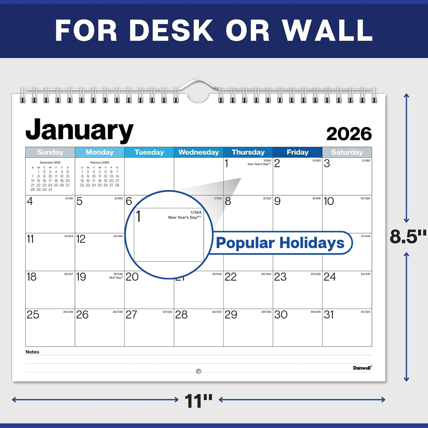 8.5x11" Wall Calendar 2026, Use January to December 2026, Use Hanging on Wall or Use as 8.5 x 11 Office Desk Calendar