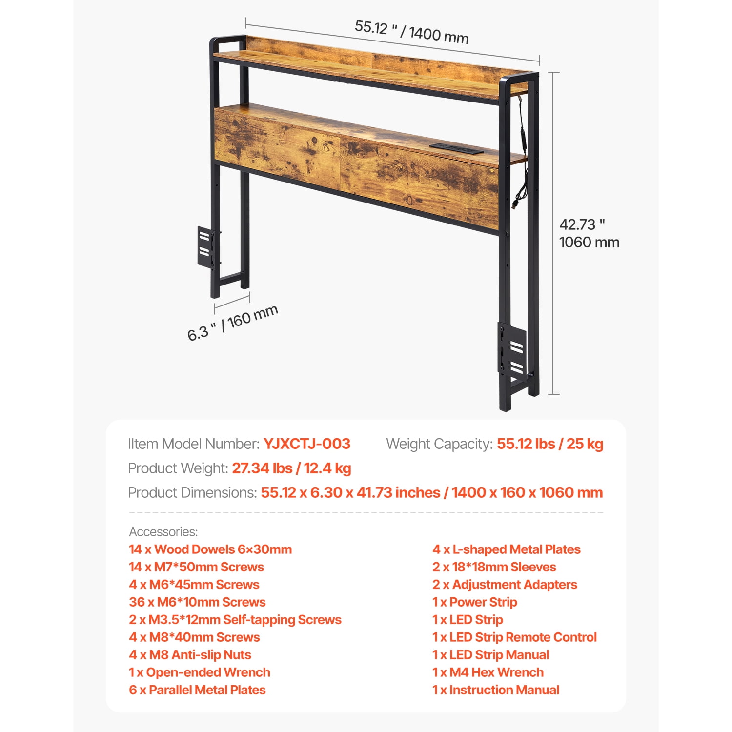 KFFKFF Full Bed Headboard, Height-Adjustable with Dual Shelf Storage, Independent Head Board Incorporating Charging Hub and LED Illumination for Various Bed Structures, Simple to Assemble, Brown