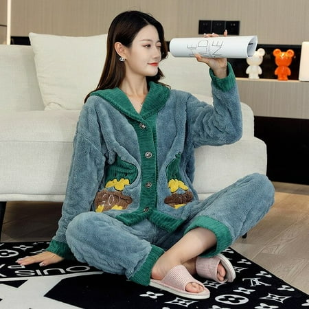 

CoCopeaunt Womens Fleece Warm Pajamas Set Long Sleeve Sleepwear Pajama Pants 2 Piece Outfits Soft Button Down Loungewear Pjs Set Nightwear
