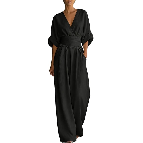 LEKODE One Piece Jumpsuit Cotton Linen Jumpsuits for Women Summer Wide Leg Jumpsuit Ruched Rompers Deep V Neck Jumpsuit Comfy Rompers for Women Casual Outfits for Women A Black L