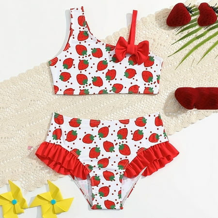 Toddler High Waisted Bikini 2025 Baby Girl Swimsuit Flower Graphic Printed Cute Ruffle Swimwear Bathing Suit Red 3-4 Years