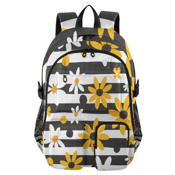 DIXRUYEE Black White Daisy Stripes Pattern Backpack for School 14”Laptop Compatible with Reflective Safety Strips