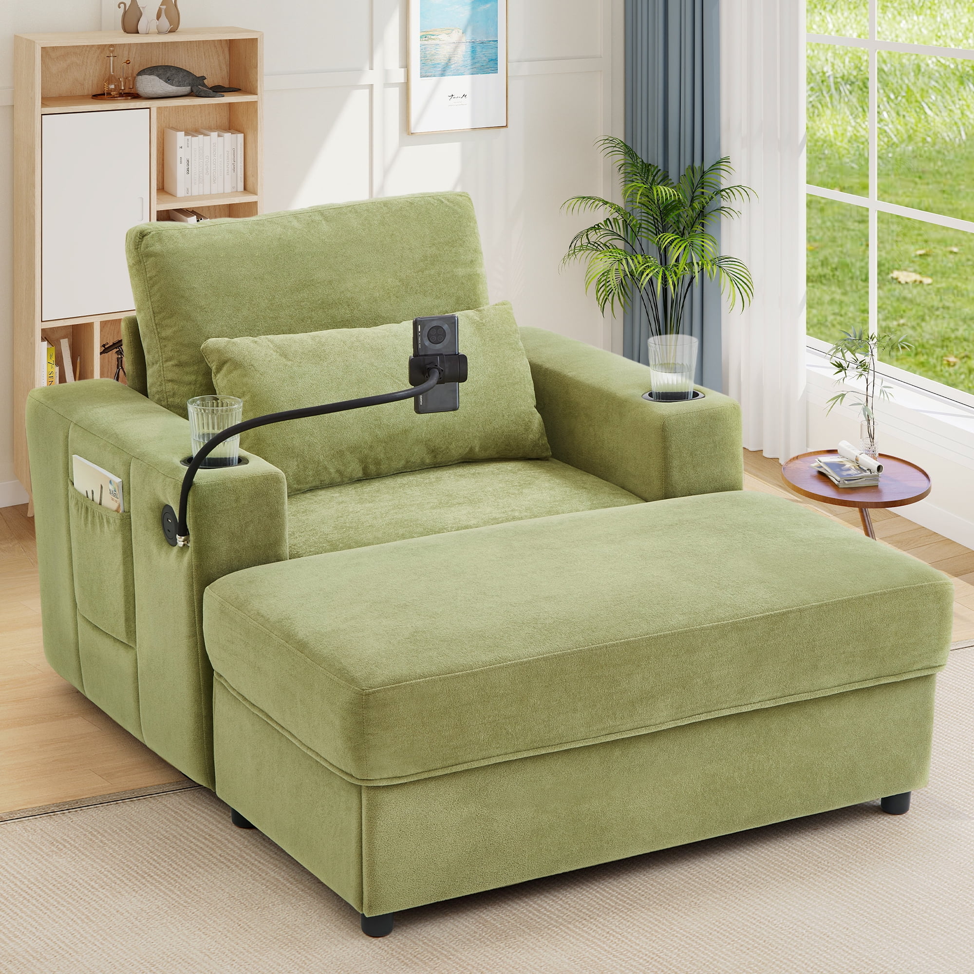 Lunale Accent Chair with Ottoman, Indoor Lounge Chair with USB & Storage, Modern Upholstered Sofa Armchair for Living Room, Bedroom, Apt., Green Chenille