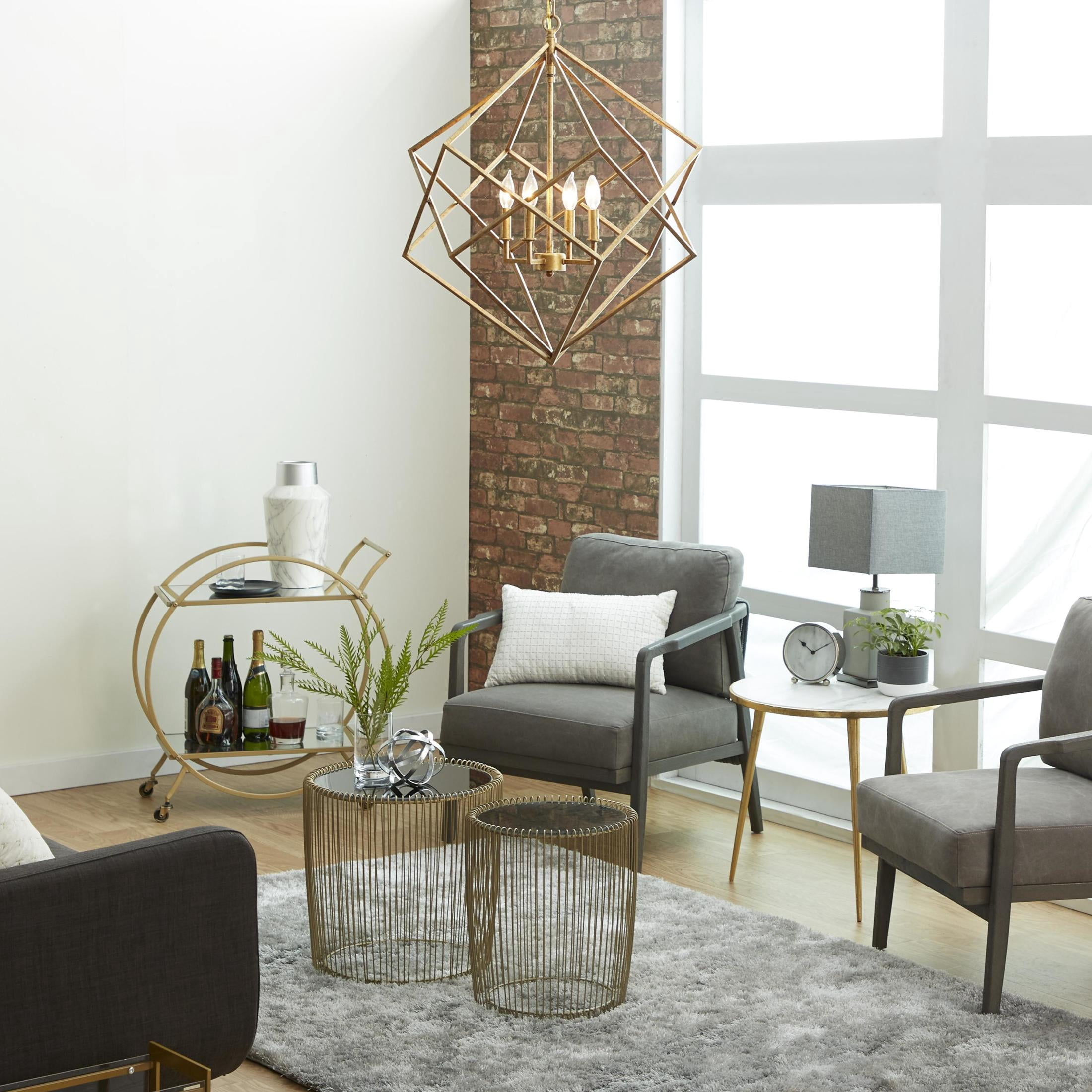 DecMode Modern Metal Gold Geometric Chandelier with Link Style Chain, 25"W x 30"H