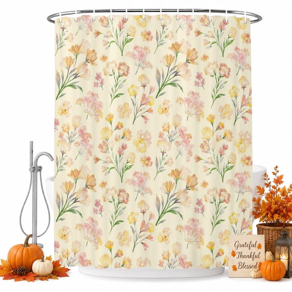 Orange Spring Floral Shower Curtain Set - Long 72" x 84" Washable Bathtub Curtain with 12 Hooks, Green Botanical Wildflower Blossoms Waterproof Fabric Stall Shower Curtains for Bathroom Décor