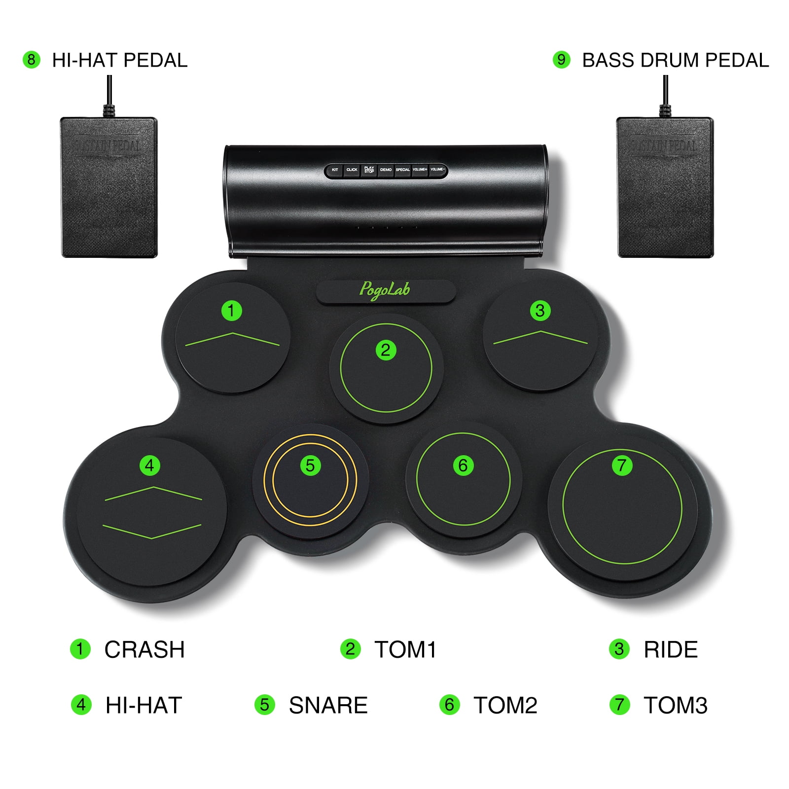 POGOLAB Electronic Drum Set, 7 Pads Roll Up Electric Drum Pad with Wireless Function, Portable Rechargeable Midi Drum Kit with Speaker/Pedals/Headphone Jack, Great Holiday Gift for Beginner
