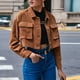 thumbnail image 3 of Gibobby Chaquetas de mujer ligeras largas Chaqueta tipo cárdigan de pana con cuello vuelto y bolso de acordeón de un solo pecho para mujer, chamarra de holgado a la moda (Marrón, M), 3 of 5