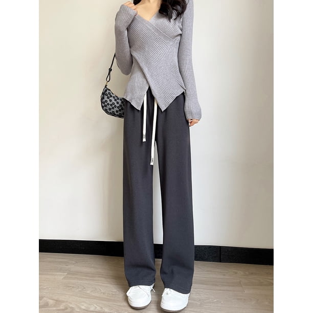 Pantalones de punto suaves y cómodos para mujer, pantalones anchos largos holgados básicos de otoño para mujer, pantalones de chándal de cintura alta, pantalones rectos para mujer Tan Jianjun unisex