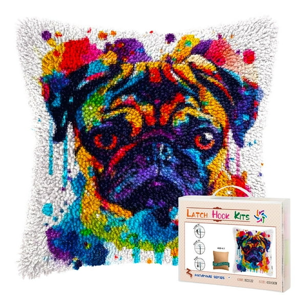 Watercolor Cute Pug Dog DIY Latch Hook Pillow Kits for Adults Printed Pillowcase Crochet Yarns Hooking Handmade Pillow Cover Cushion for Home Sofa Decoration 17x17inch(2)